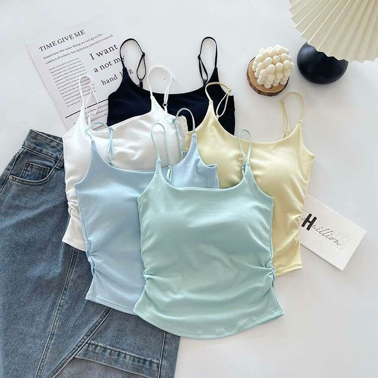 sxzy Summer Fresh Pure Cotton Camisole Vest Design Sense, Ruched Inner Wear with Chest Pads, Slimming Outer Wear, Beautiful Back Top for Women
