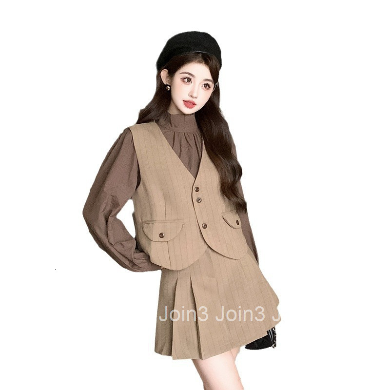 Autumn Winter New Sweet and Spicy Half Turtleneck Long Sleeve Shirt + High Waist Skirt + Vest Three-Piece Set for Women