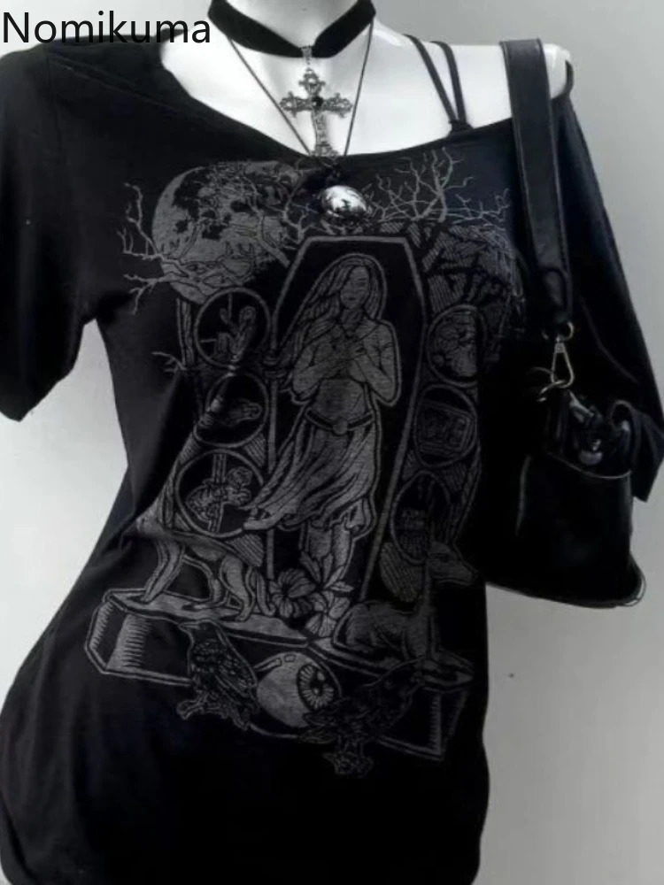 Punk Streetwear T Shirts 2025 Womens Clothing Y2k Tops Print Casual Summer Camisetas Ropa Mujer Off Shoulder Fashion Tshirt 250724