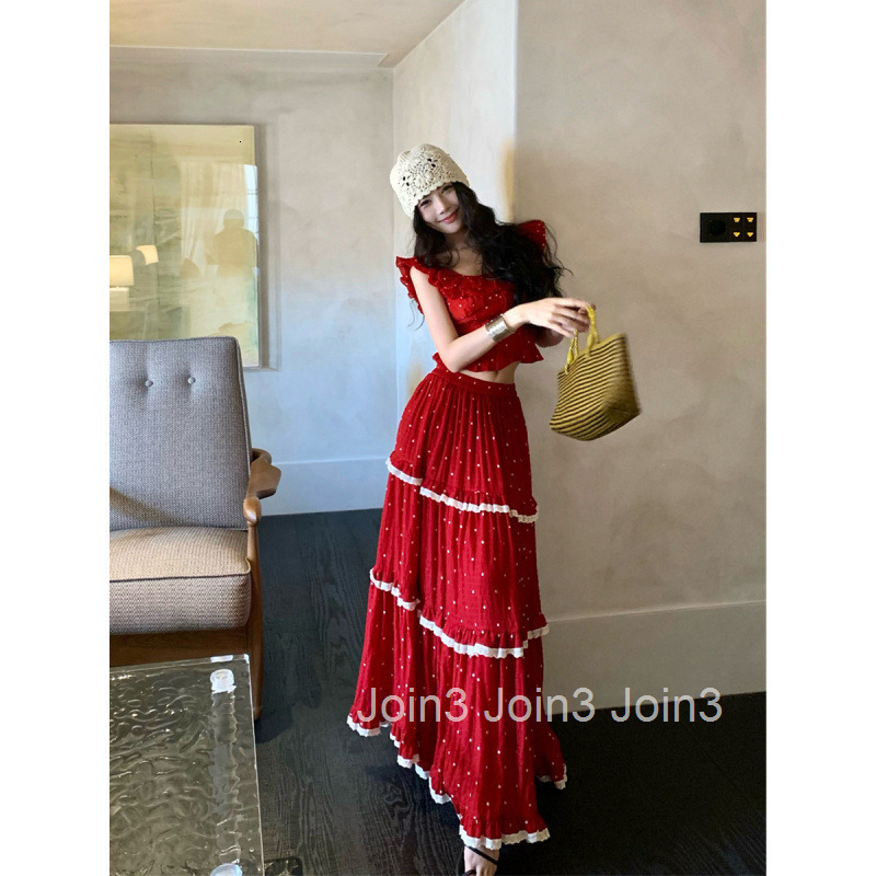 Summer New Sexy Two-Way Wear Round Neck Ruffle Off-Shoulder Blouse Top + Layered Midi Skirt Set