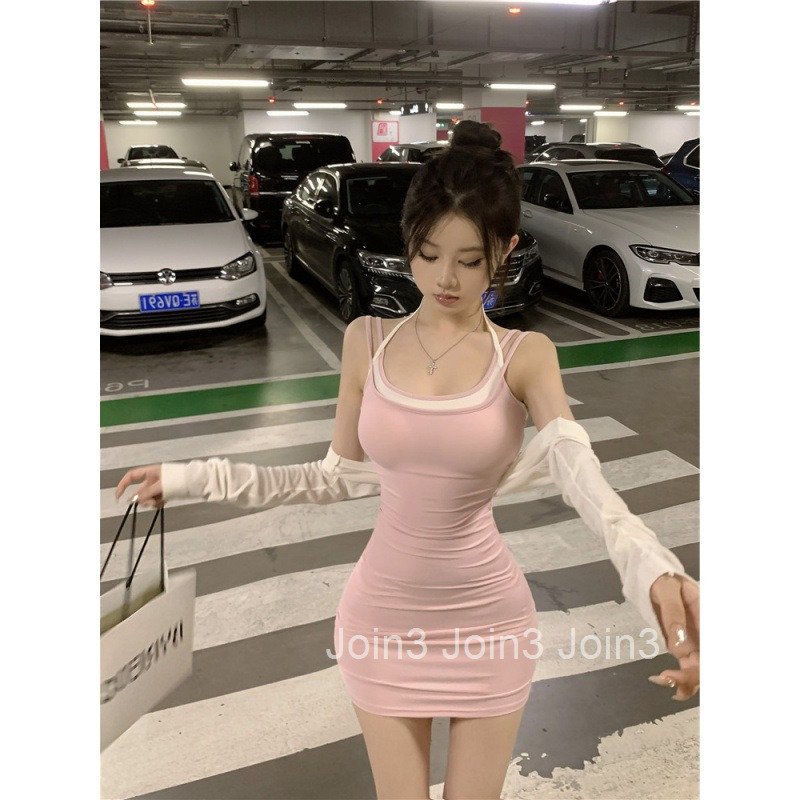 Summer New Sexy Color-Block Edge Hot Girl Camisole Dress Bodycon Outerwear Base Short Skirt