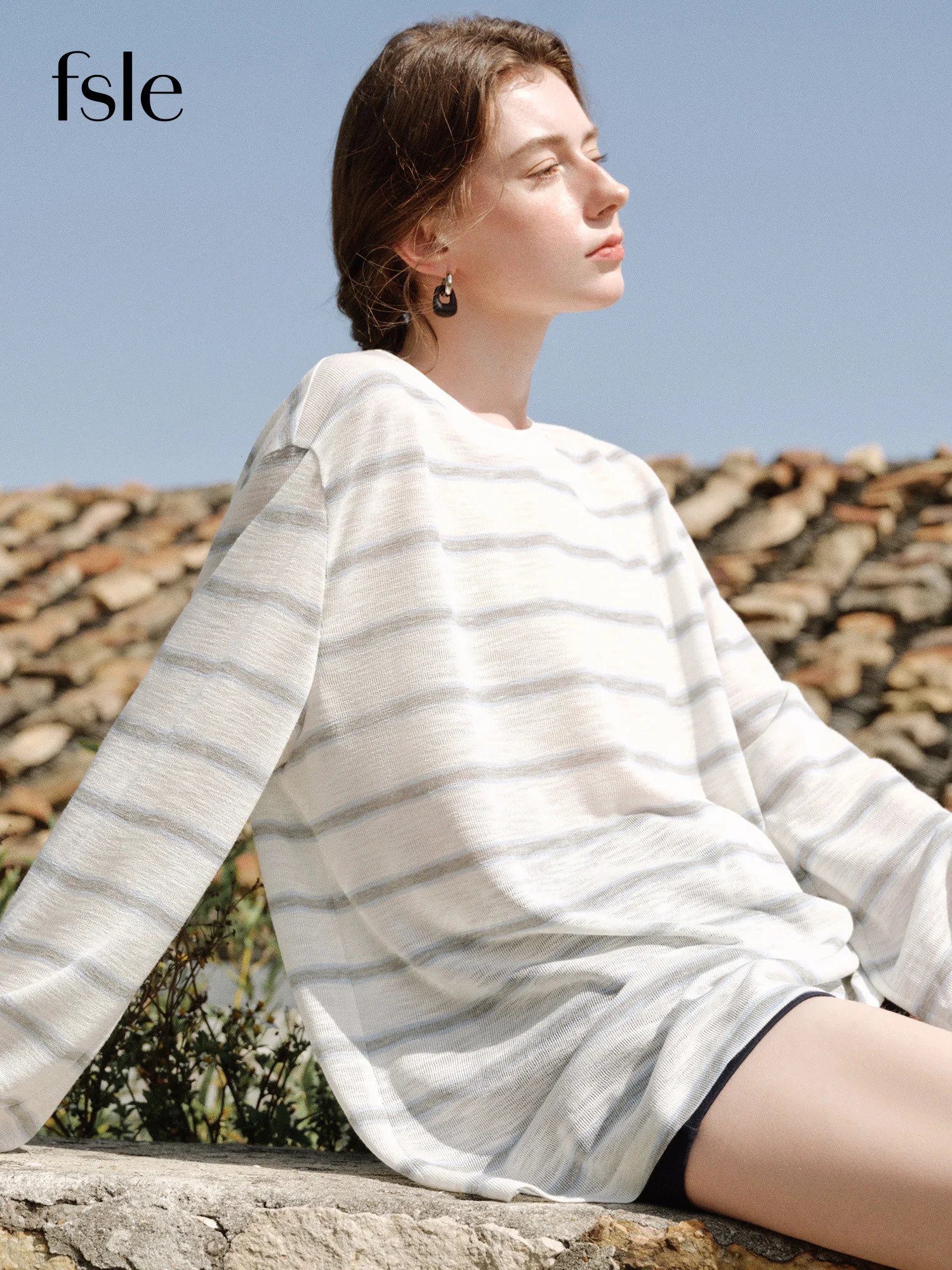 FSLE Fashion Loose Casual Striped Longsleeved Tshirt for Women Summer Arrival Vacation Style Pullover Top 25FS12440 250729