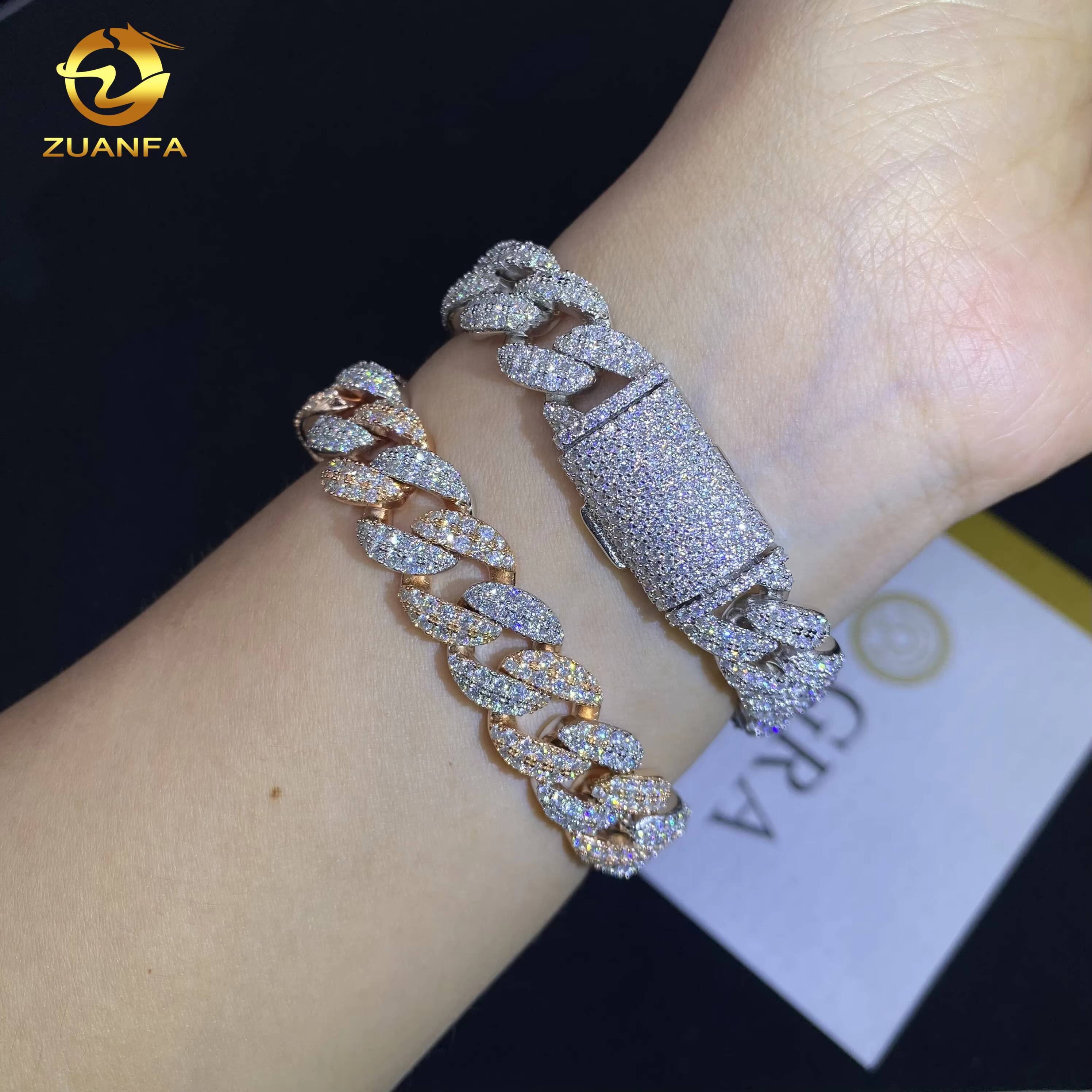 Luxury 12mm 2Rows Hip Hop Jewelry Iced Out Bracelet 925 Sliver VVS Moissanite Diamond 2Tone Miami Cuban Link Chain Necklace