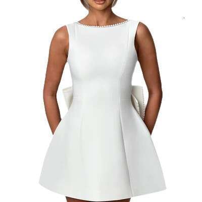 Cross-Border Summer Women's Pearl Bow Fashion Slim Short Backless Hot Girl A-Line Dress