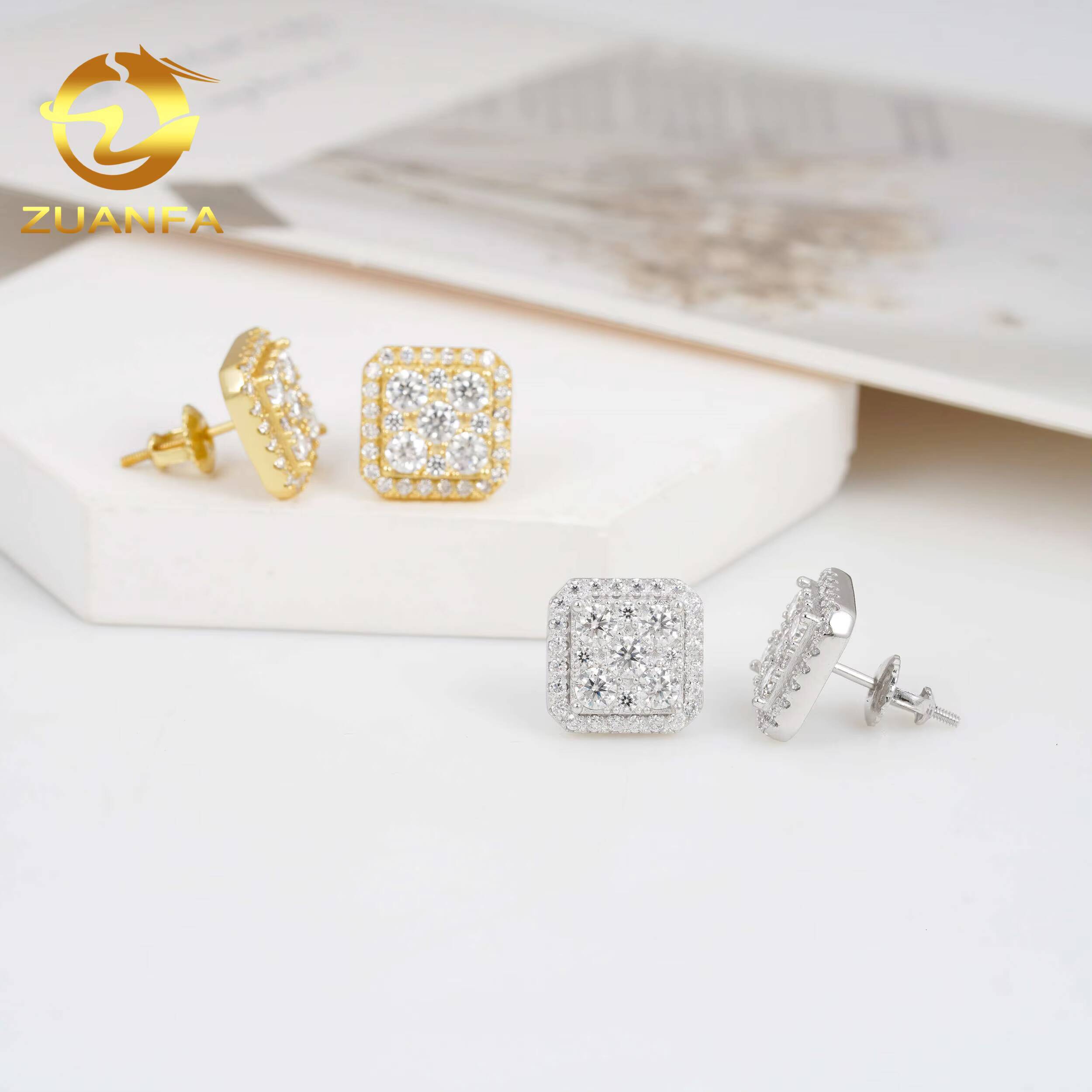 Cheapest Wholesale 11mm Square Screw Back Stud Earrings Hip Hop Mens Moissanite Diamonds 925 Silver Gold Plate Stud Earrings