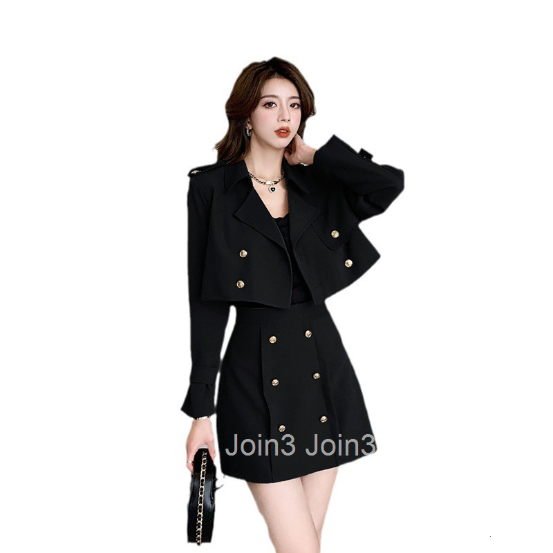 Autumn Winter New Korean Style Casual Two-piece Long-sleeved Short Suit Trench Coat Jacket + High-waisted Short Skirt Set