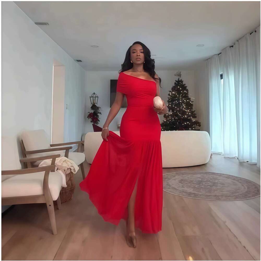 2025 Spring New Solid Color Sleeveless Asymmetrical Neck Ruched Slim Fit Split Long Dress for Women