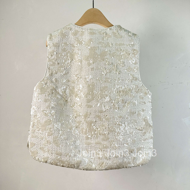 Summer New Fashionable Niche Design Sequin Vest National Style Button Sleeveless Top Heavy Craft Vest for Women