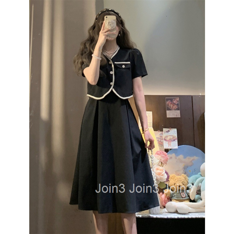 Summer New Womens French Style Elegant Blazer Short Jacket + Camisole Dress Mid-Length Skirt Set