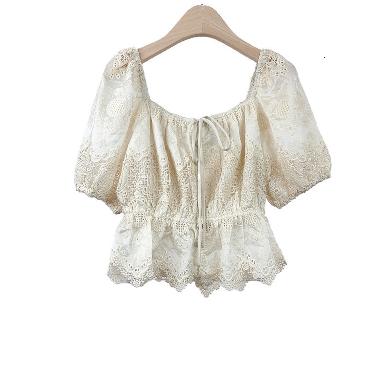 2025 Summer New Lace-Up Elegant Short Blouse French Style Slim Waist Short Sleeve Shirt for Women