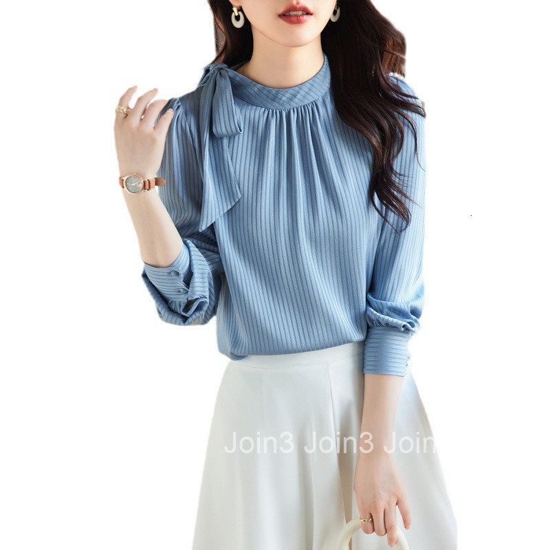 Spring and Autumn New Tie Shirt Womens Professional Style Blue Striped Chiffon Long Sleeve Shirt Womens Top