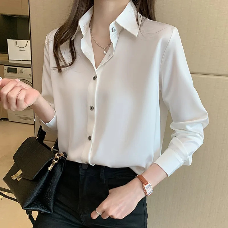 Satin Shirt Women 2023 OL Fashion Long Sleeve Blouse Woman Casual Shirts White Womens Tops Solid Basic and Blouses 250724