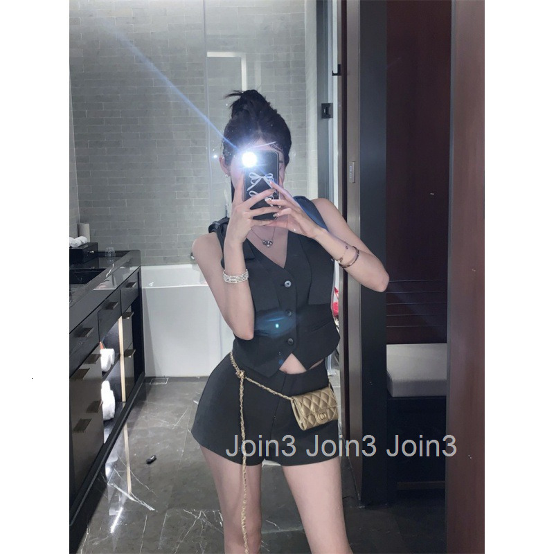 Summer New Gray Bowknot Slim Fit Blazer Vest Sleeveless Top + Mid-Waist Shorts Set for Women