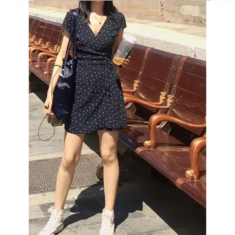 Large Size Short Floral Dress with Summer Polka Dot Design Niche Fairy French Tea Break Hot