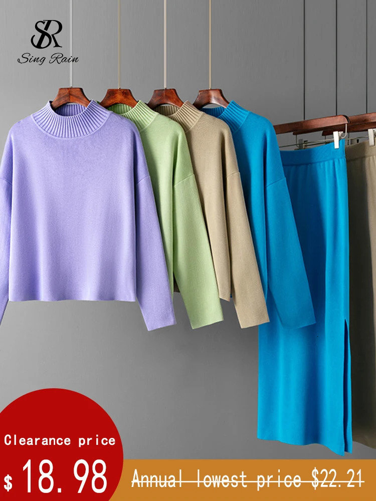 Winter Casual Knitted Sets SINGREINY Fashion Autumn Sweater Two Pieces Suits Women Loose Warm PulloversSplit Long Skirt 250729