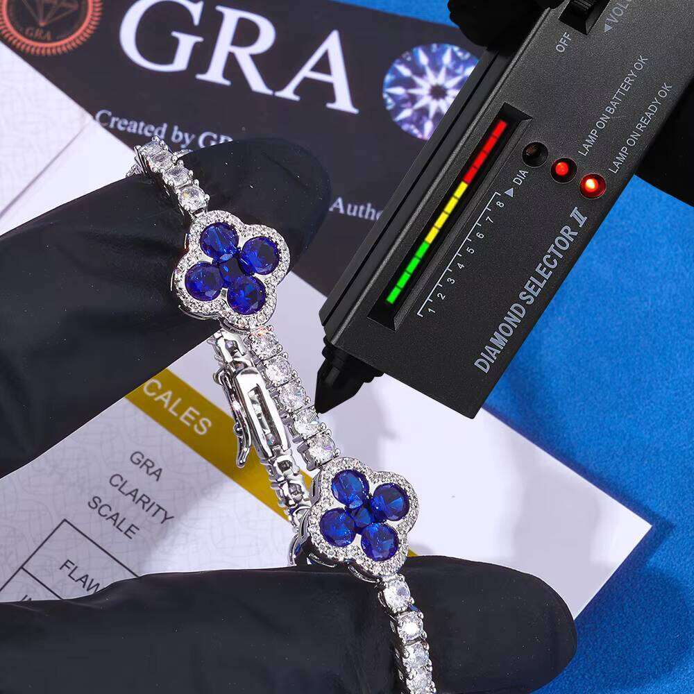 Eskeem Jewelry Bracelet Sterling Sier VVS Moissanite Blue Clover Fashion Unisex Gift Pass Dia Test