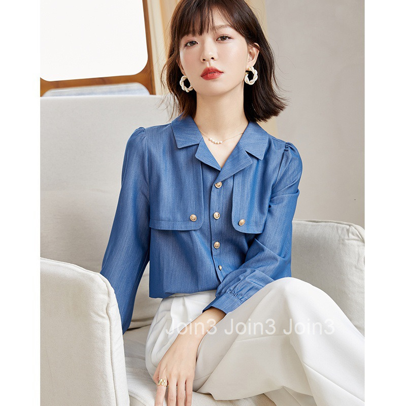 Spring and Autumn New Plus Size Womens Fashion Denim Long Sleeve Shirt Unique Chic Blouse Trendy