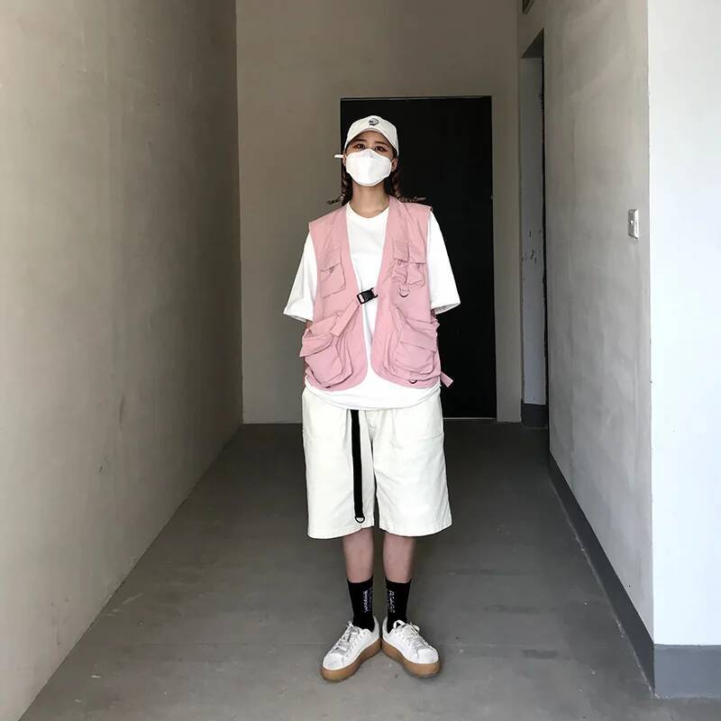 Oversized Pink Vests Multi-Pocket Sleeveless Cargo Jackets Men Military Style Hip Hop Y2k Streetwear Casual Clothes