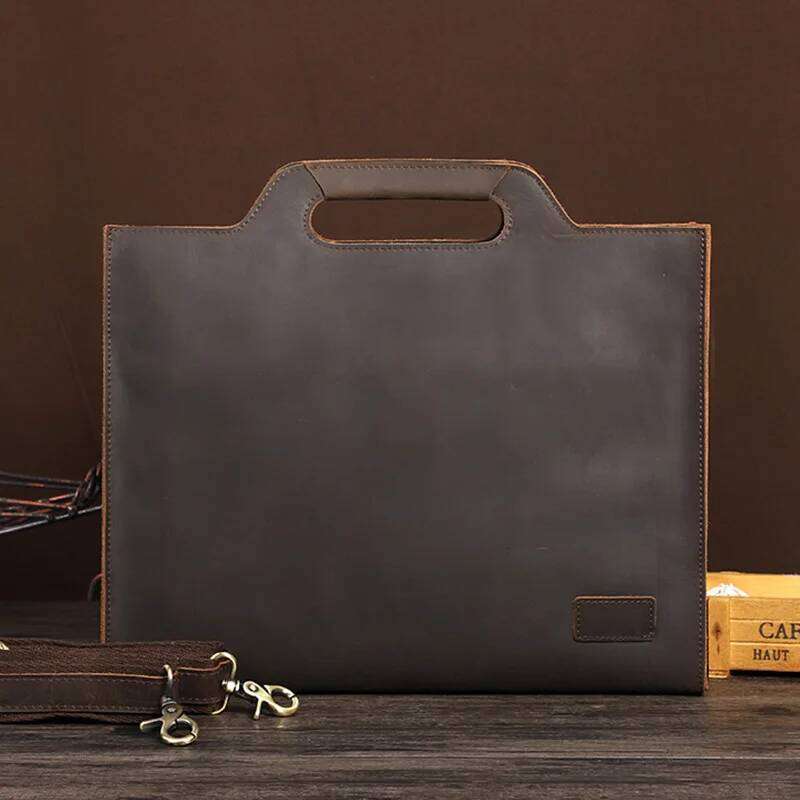 Newsbirds Thick Leather Black For Men Male Busienss Document Bag A4 size Handbag Slim Briefcase men's messenger bag