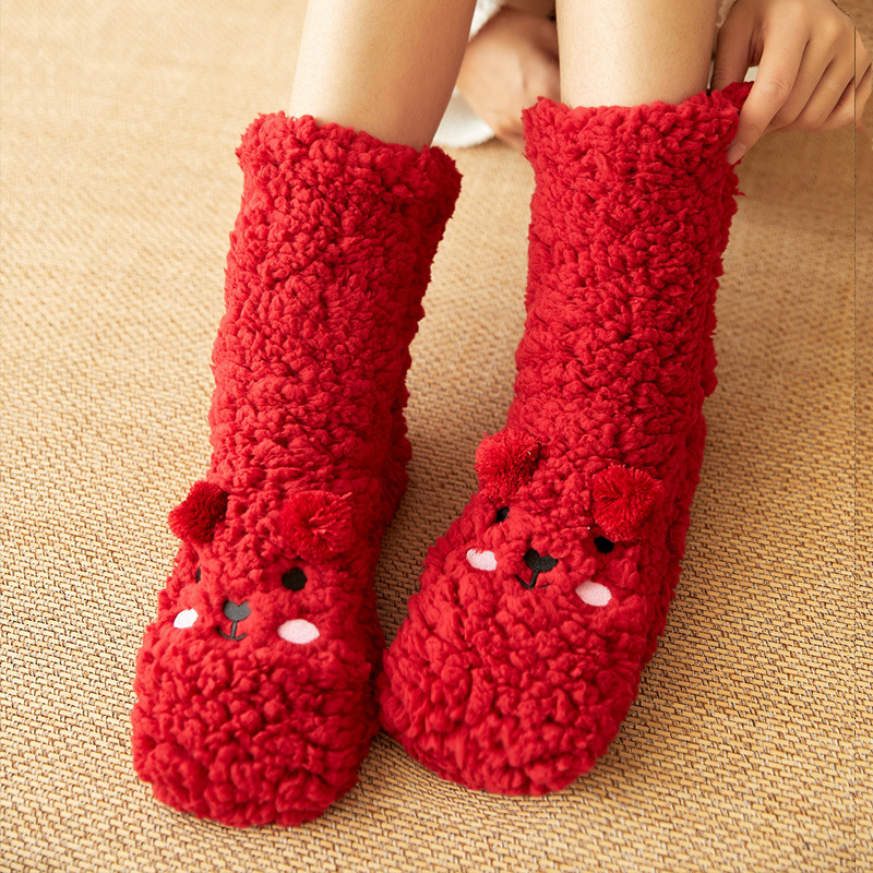 Floor Socks Women Autumn and Winter Velvet Coral Fleece Socks Sleep Home Slippers Snow Socks Confinement bear Carpet Socks