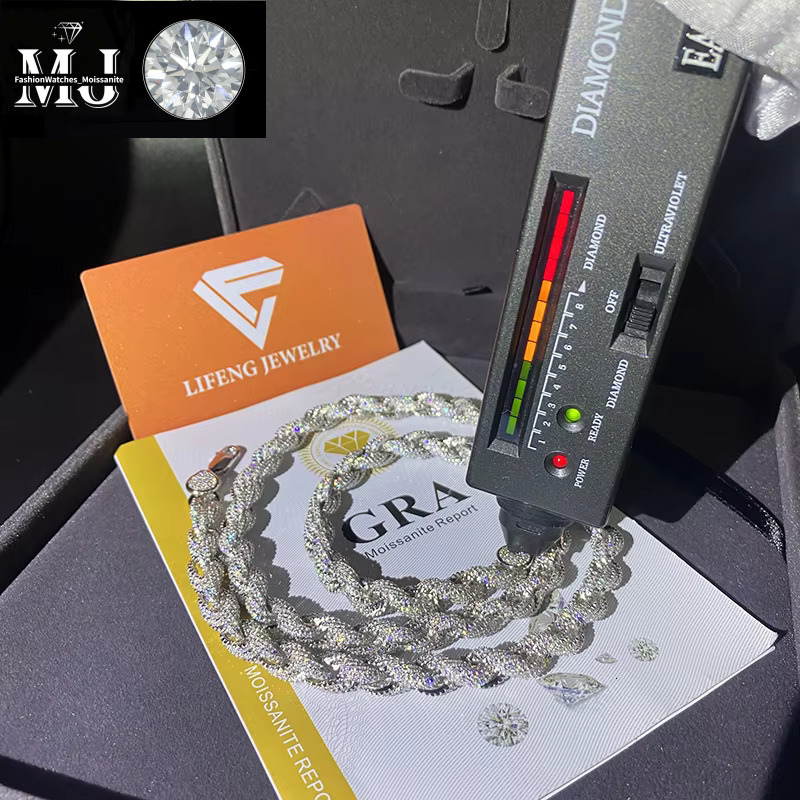 Fashion Jewelry Popular White Gold Plated Sier Iced Out 8mm VVS Moissanite Hip Hop Rope Chain Necklace For Men