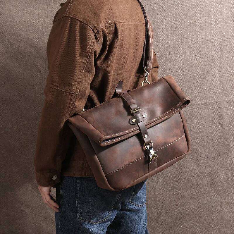 OLOEY Vintage Crazy Horse Leather Messenger - Genuine Full-Grain Cowhide Crossbody Bag with Antique Brass Hardware