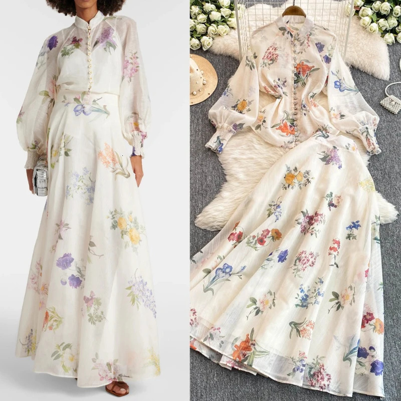Female Fashion Floral Elegant Retro Two Piece Set For Women O Neck Long Sleeve Tops High Waist A-Line Skirt Set 250728