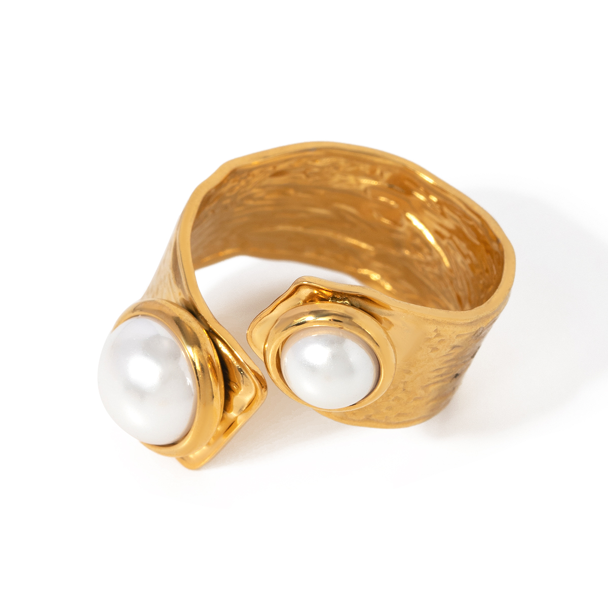 Fashion 18k Gold Plated Stainless Steel Irregular Twisty Open Ring Inlay Pearl Metal Texture Geometric High Quality Charm Jewelry