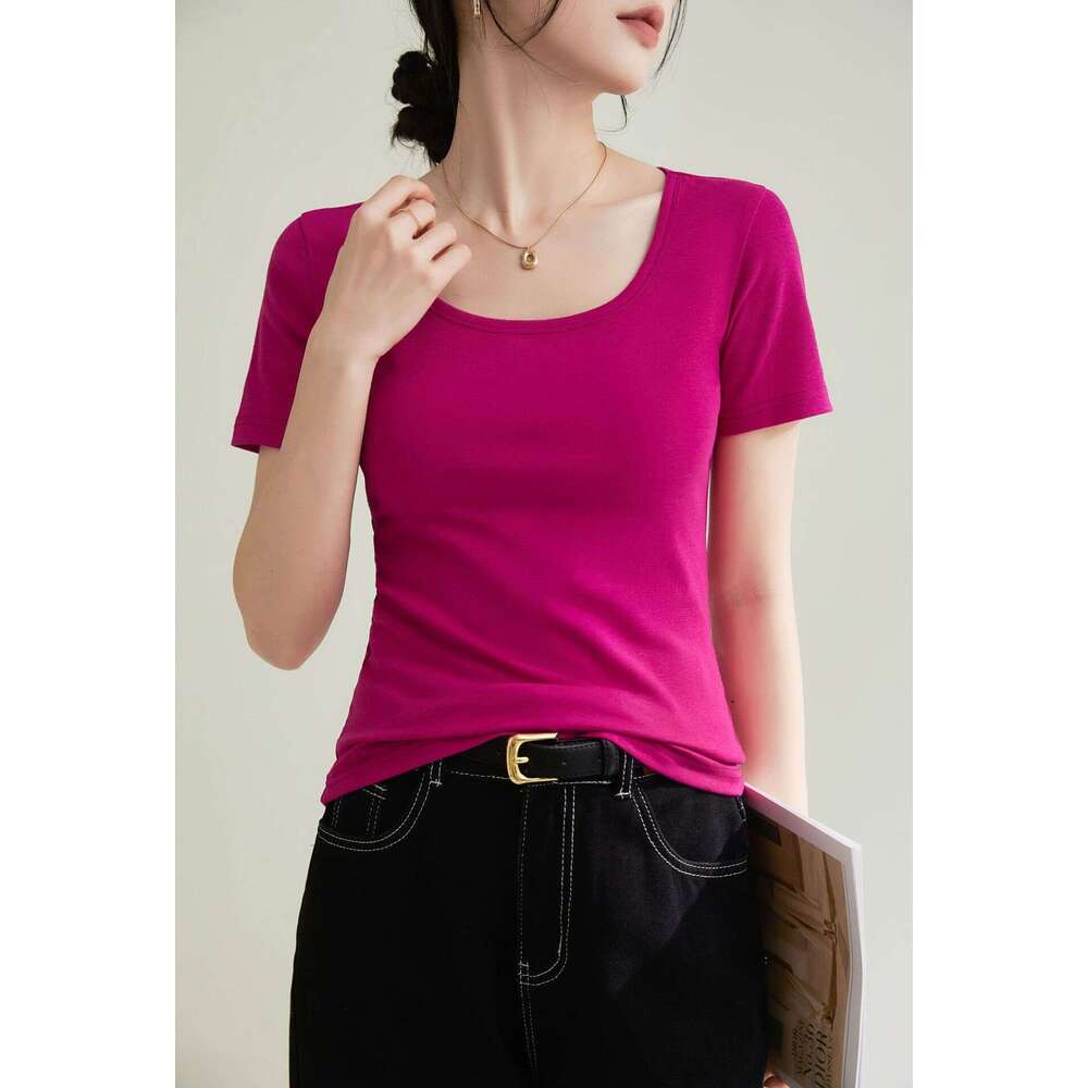 sxzy French Style Square Round Neck Base Layer High-End Feel High Elastic Cotton Short Sleeve T-Shirt for Women 2025 Spring Summer New Pullover Slim F