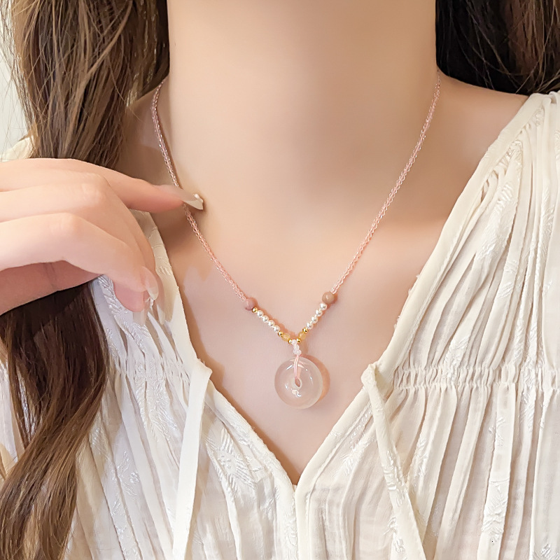 New Chinese Style Chalcedony Peace Buckle Braided Rope Necklace Women Pendant Accessories High-end Light Niche Collarbone Chain Choker Jewelry for Wom