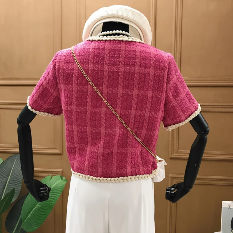 Summer Elegant Retro Short Korean Plaid Tweed Cardigan Women Fashion Sleeved Thin Jacket Female Top 250729