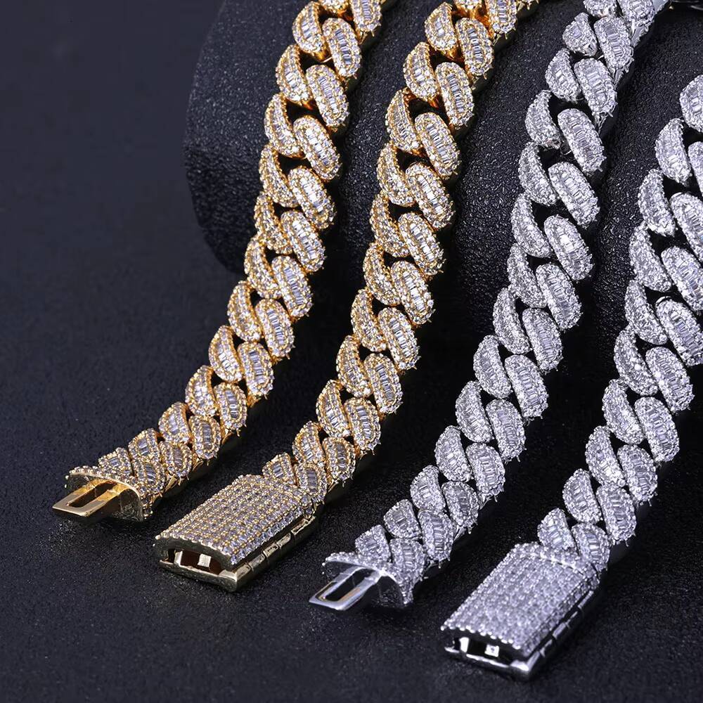 NUOYA BAGUETTE Cuban Chain 12mm White Gold Plated Full Iced Zircon Miami Link Necklace Luxury Hip Hop Jewelry