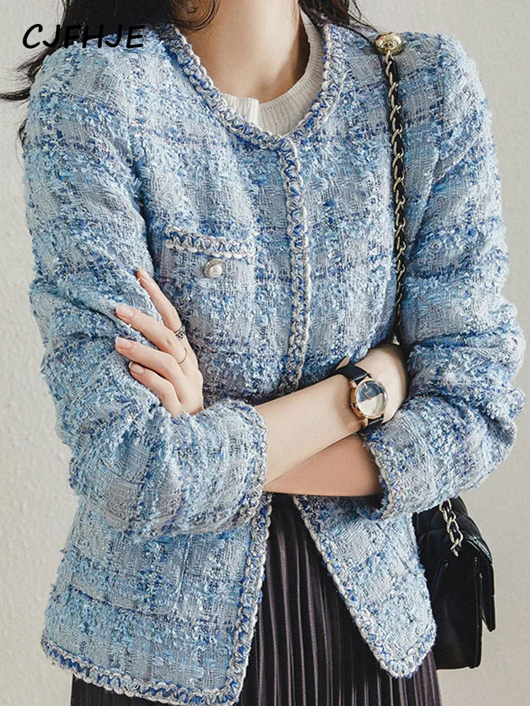 7777777777777777 Long Sleeve Fashion Tweed Jackets Women Spring Autumn Classic Coats Female Plaid Blue Loose ONeck Elegant Lady Jackets 250729