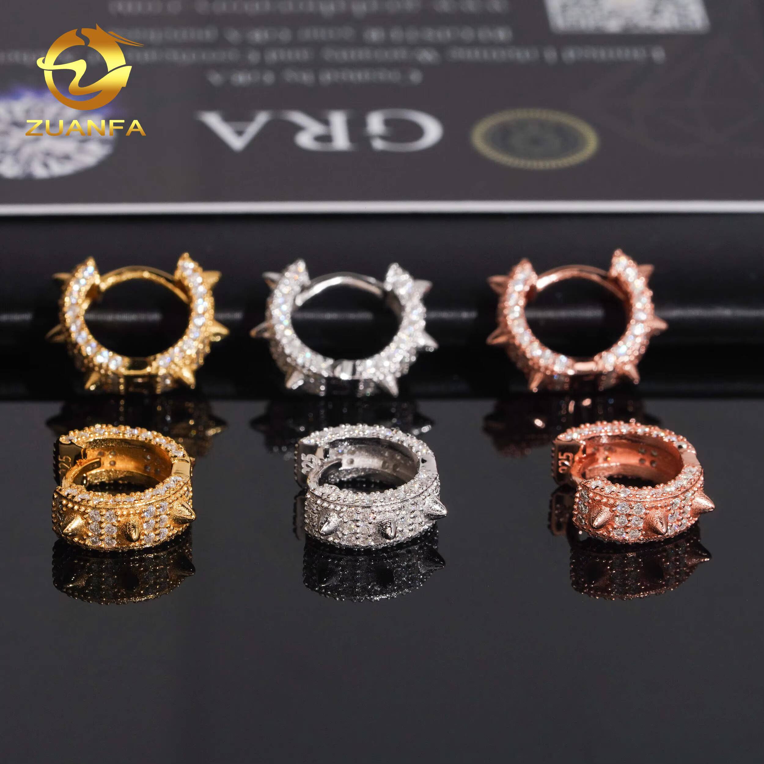 RTS Fancy Iced Out Earring Hoop Hip Hop Moissanite Jewelry 925 Silver VVS Moissanite Thorn Hoop Earrings for Women Men