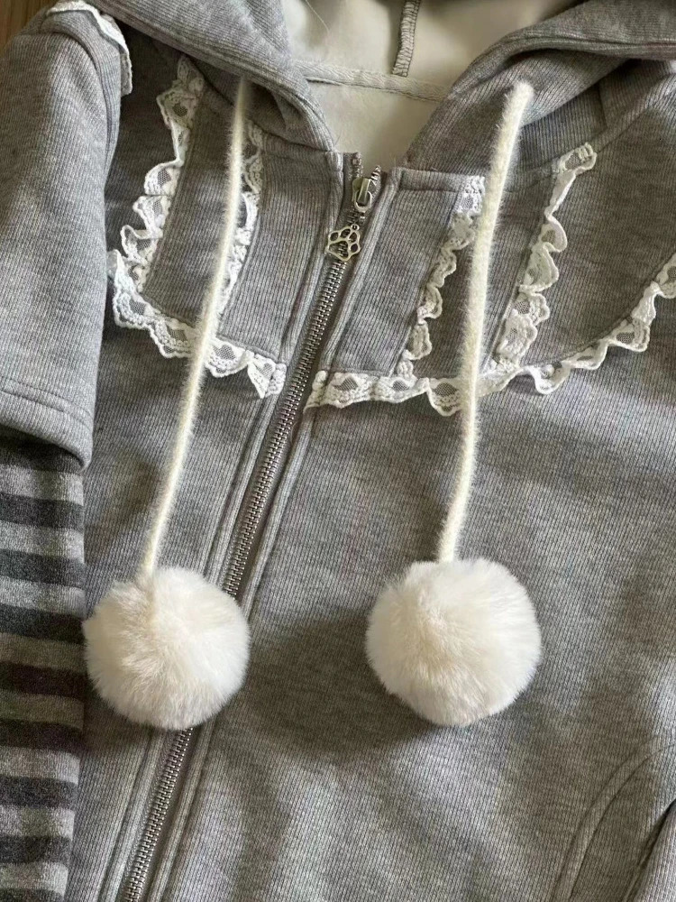 Harajuku Stripe Hoodies Women Kawaii Tops Cat Ear Hooded Jacket Grunge Streetwear Lace Patch Y2k Aesthetic Zipper Sweatshirt 250729