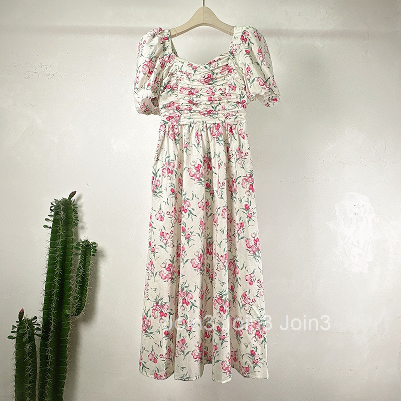 Summer Womens New French Fashion Waist-Cinching High-Waist Floral Dress Off-Shoulder Short Sleeve Mid-Length Dress