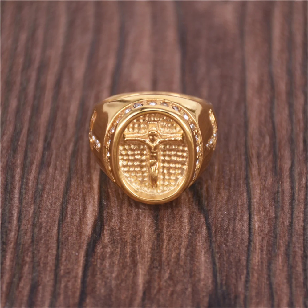 Hip Hop Iced Out Jesus Cross Ring Male Gold Color Stainless Steel Cubic Zirconia Christian Rings For Men Religious Jewelry Gift 250729