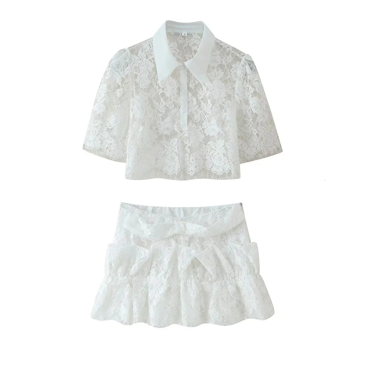 Summer Womens Lace Collar Shirt Top With Bow Tie Skirt Two Piece Fashion Casual Dress 250729