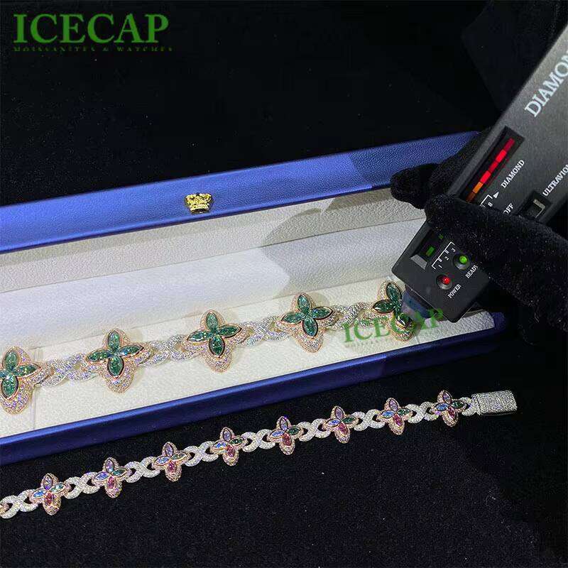 Hip Hop Jewelry Rose Gold Sterling Sier Colored VVS Moissanite Dia Chain Four Leaf Clover Infinity Link Bracelet