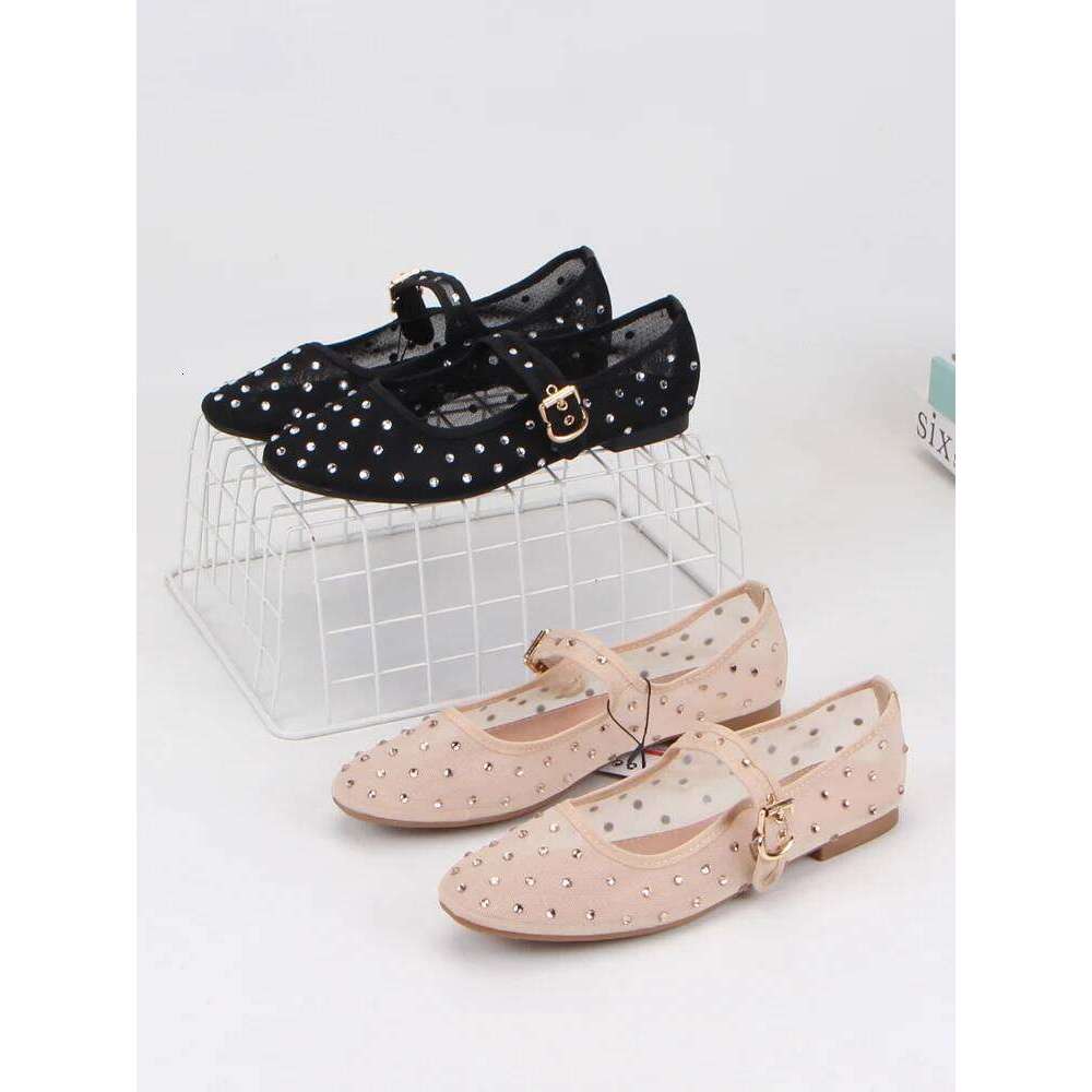 Rhinestone Mesh Ballet Flats Women Summer Breathable Black Elegant Mary Janes Buckle Strap Casual Ladies Shoes Footwear
