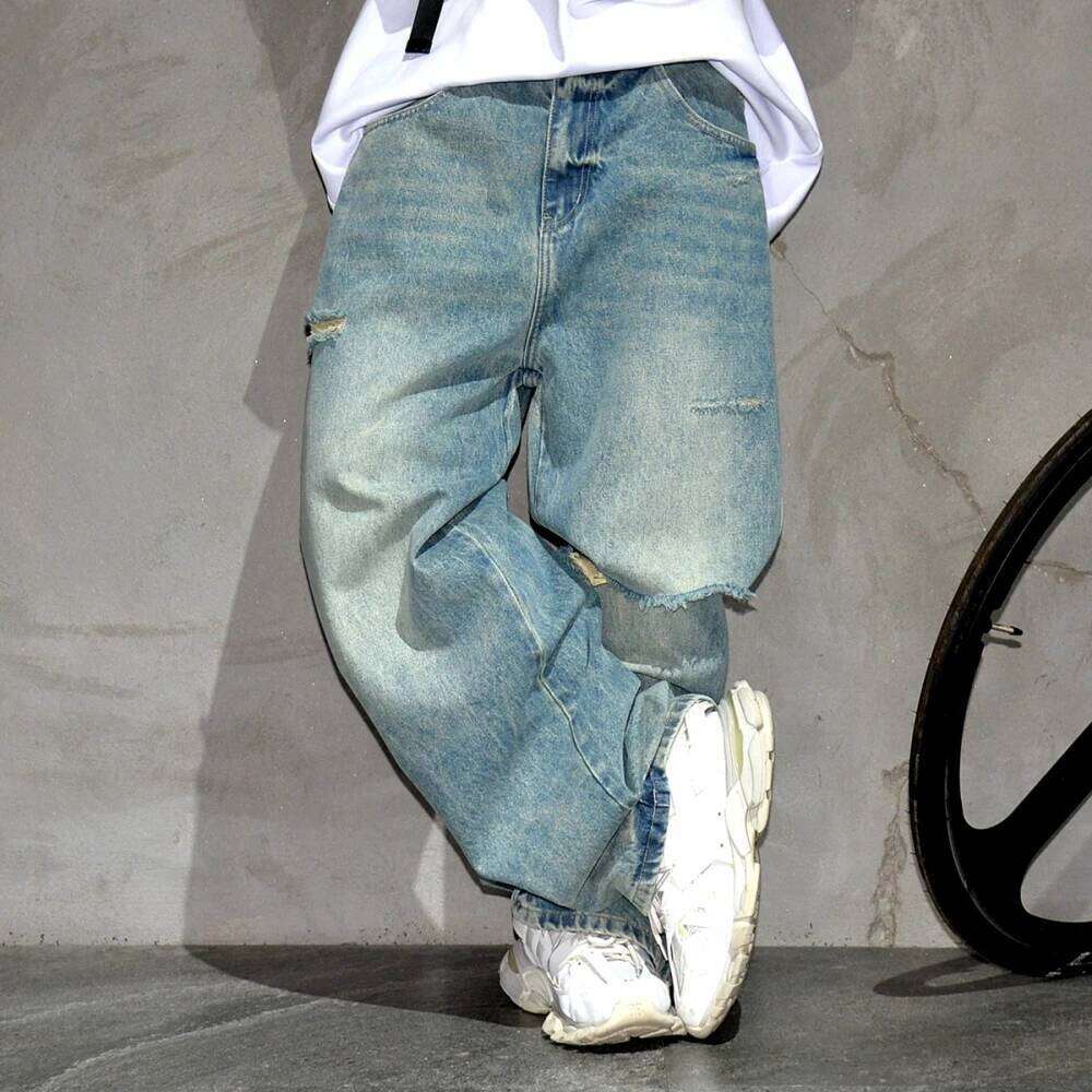 Korean Fashion Ripped Men Clothing High Quality Hip Hop Baggy Jeans American Streetwear Skateboard Denim Trousers Male 250726
