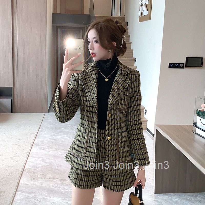 Winter Spring New French Style Elegant Plaid Long Sleeve Blazer Mid-Length Shorts Set for Women