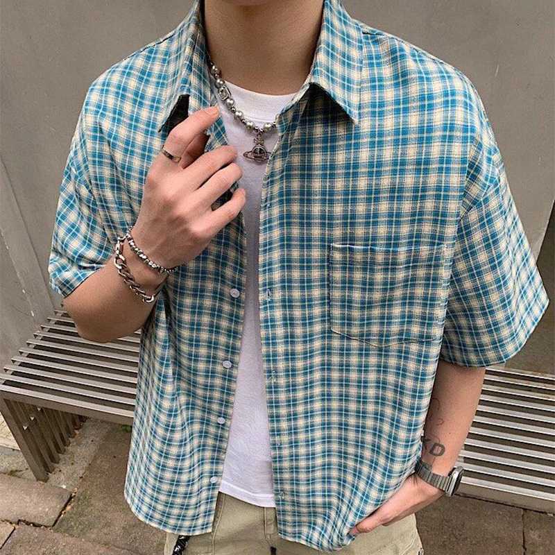 2025 Summer Stylish Short Sleeve Shirt Mens Streetwear Vintage Button-up Turn-down Collar Shirts Trendy Men Plaid Printed Shirt y250728