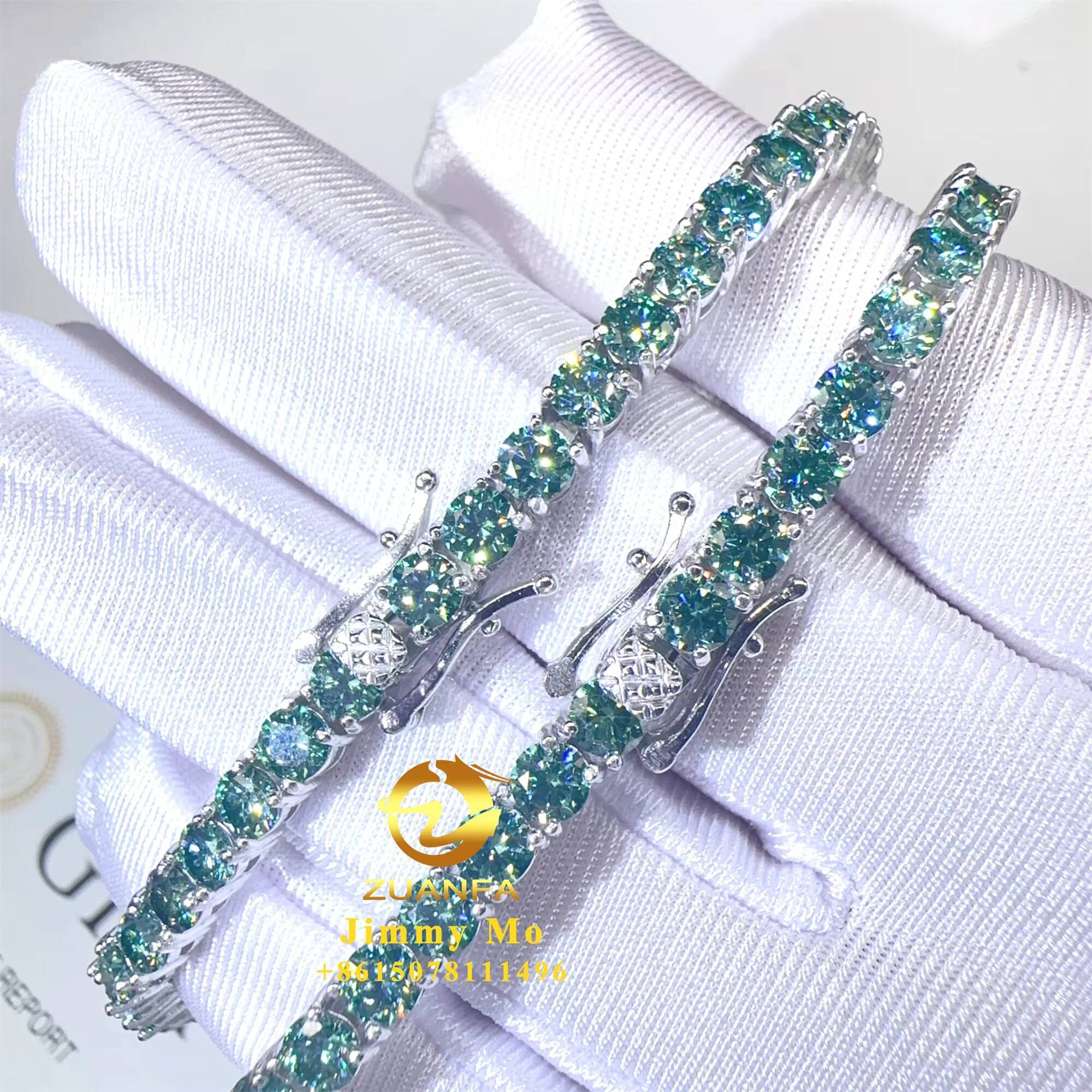 GRA Certificates 3mm 4mm S925 White Gold Plated Hip Hop Jewelry Blue Green Moissanite Diamond Tennis Chain Bracelet Men