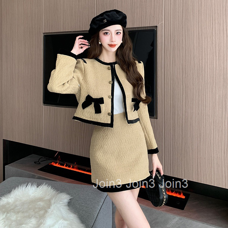 Autumn Winter New French Fashion Elegant Two-Piece Long Sleeve Cardigan Top Coat + Half Skirt Set