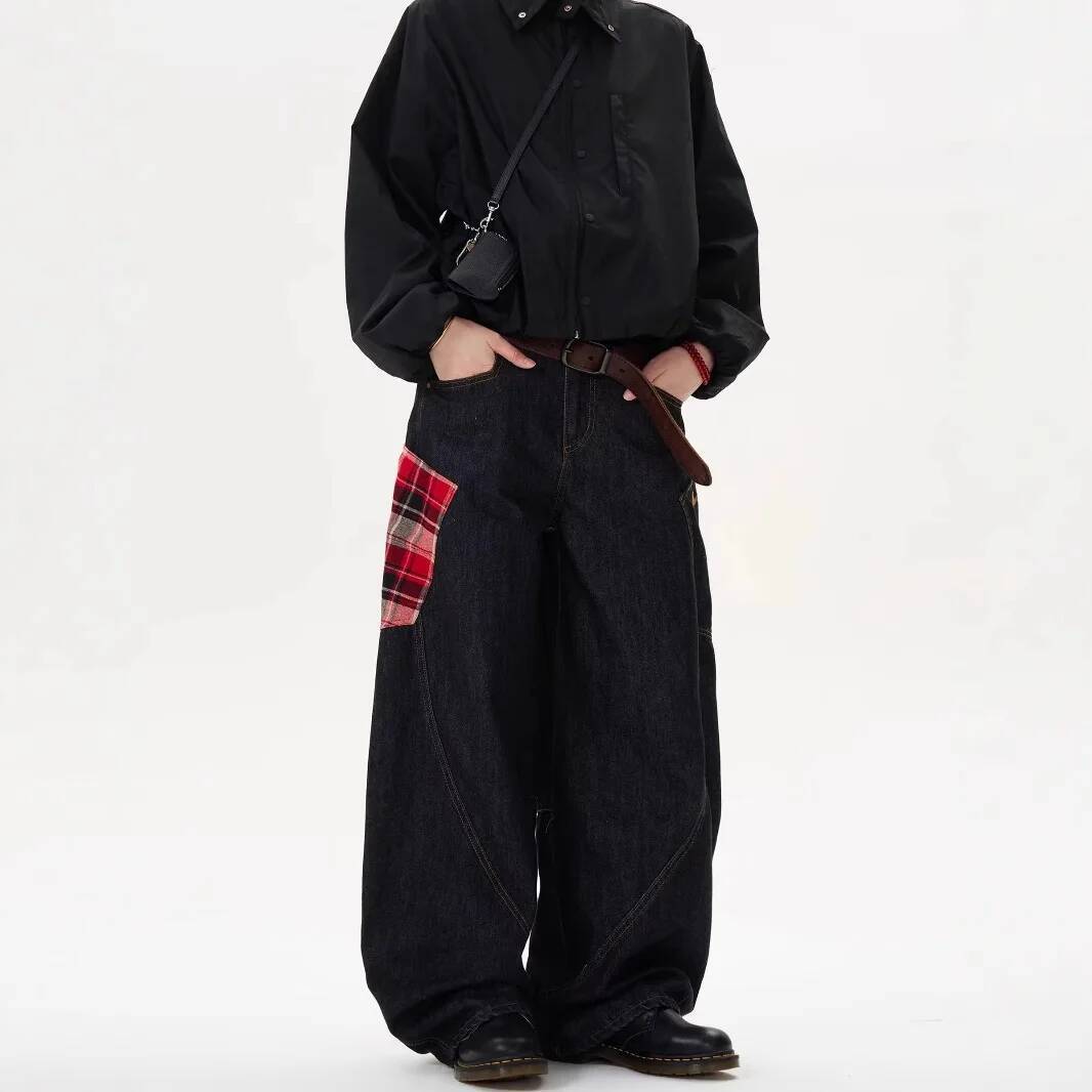 Scottish Plaid Splicing Arc Baggy Y2k Spring And Autumn New Streetwear Washed Oversized Straight Wide Leg Jeans 2024