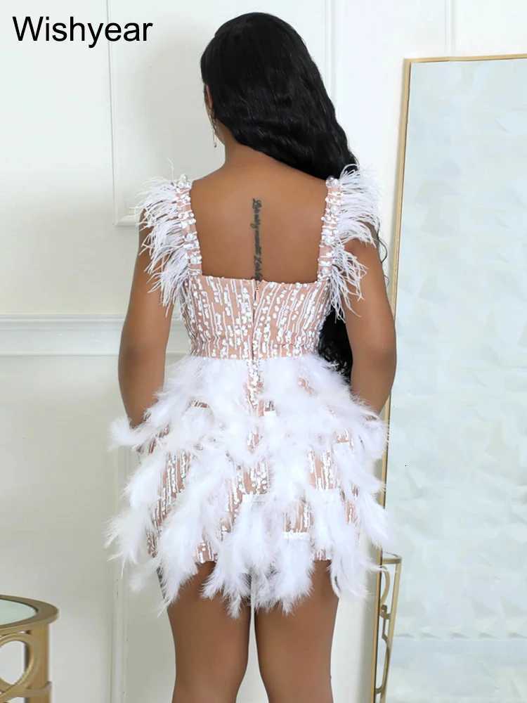 New Elegant Pearl Feather Strap Bodycon Midi Dress Sexy Night Club Party Wedding Guest Evening Women Birthday Clothing Z250728