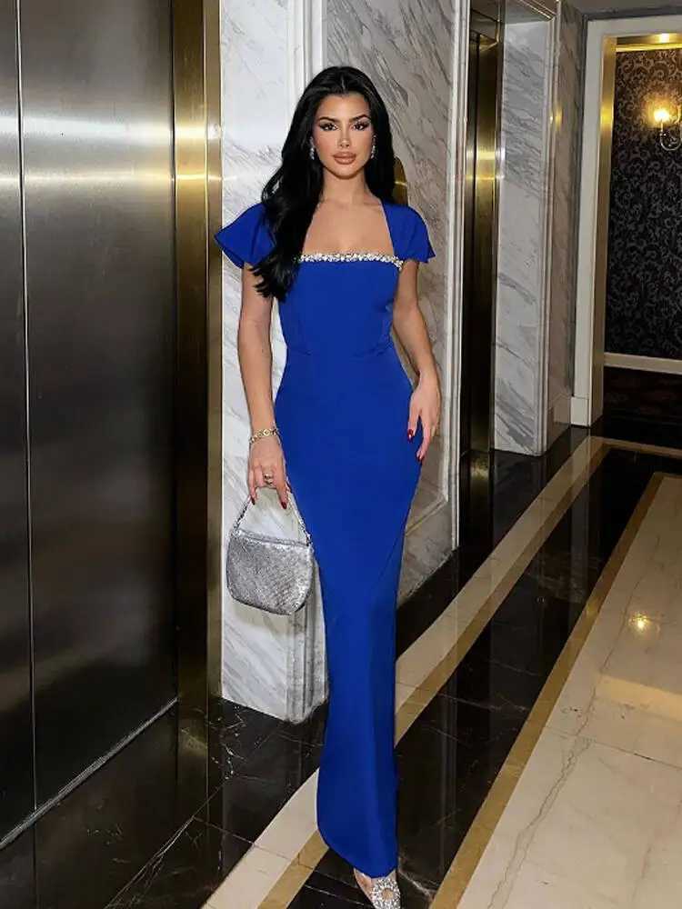 New Womens Short SLeeve Square Neck Bandage Dress Floor Length Bodycon Fashion Celebrity Party Maxi Dress Z250728