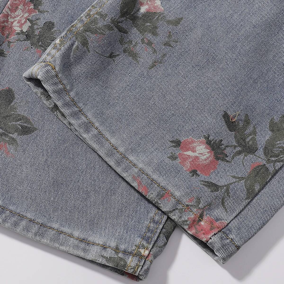 Rose Printed Men's And Women's Straight Wide Leg Denim Ripped Autumn New Vintage Relaxed Fit Jeans Pants S-3Xl