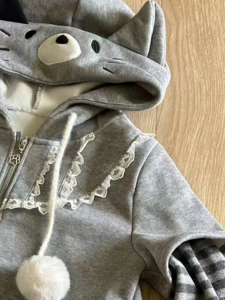 Harajuku Stripe Hoodies Women Kawaii Tops Cat Ear Hooded Jacket Grunge Streetwear Lace Patch Y2k Aesthetic Zipper Sweatshirt 250729